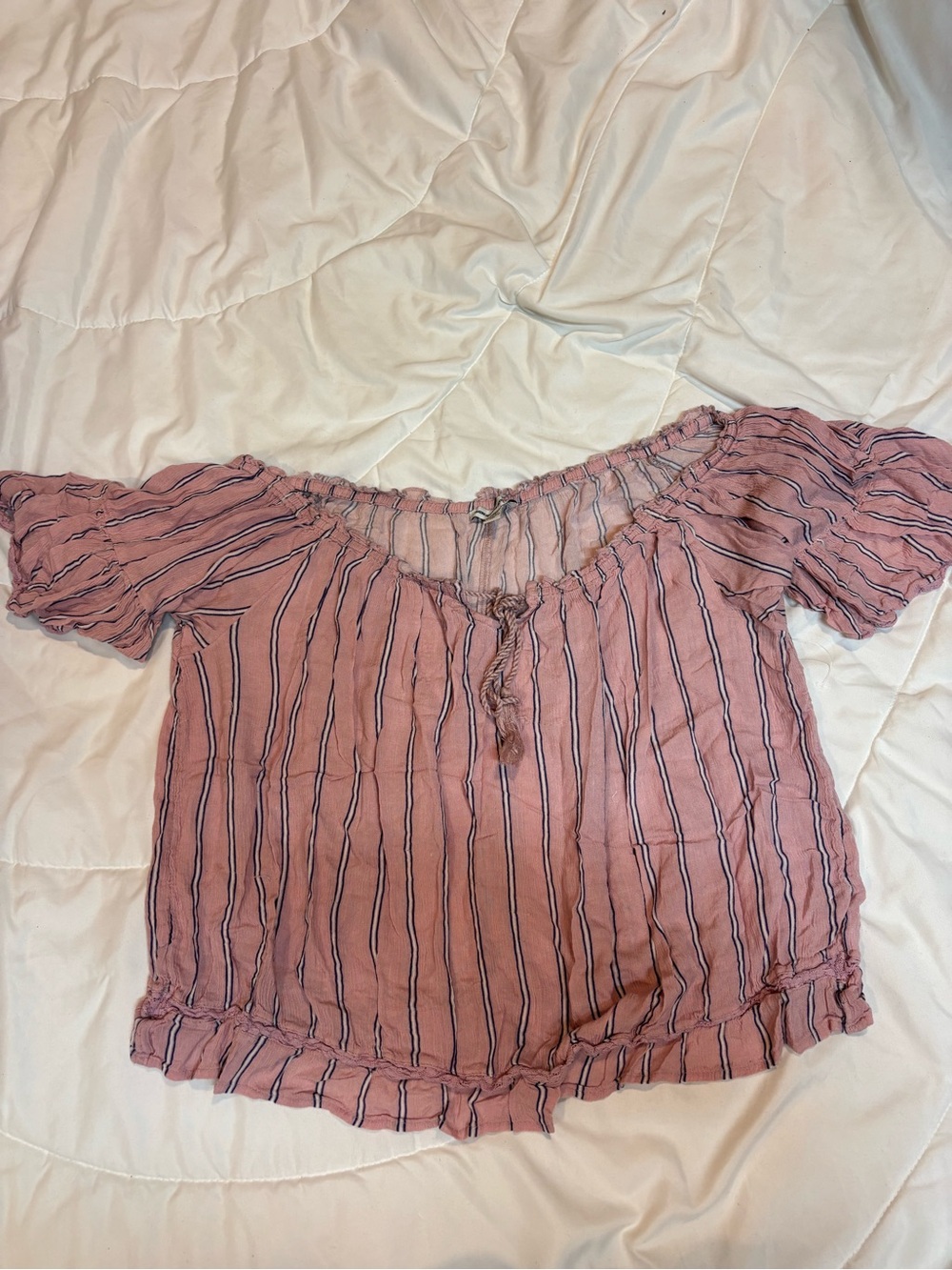 American Eagle Outfitters Pink Striped with navy & white Off-Shoulder Blouse XL